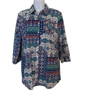 Chicos Collage Print No Iron Button Front Tunic Shirt Women Size 2
